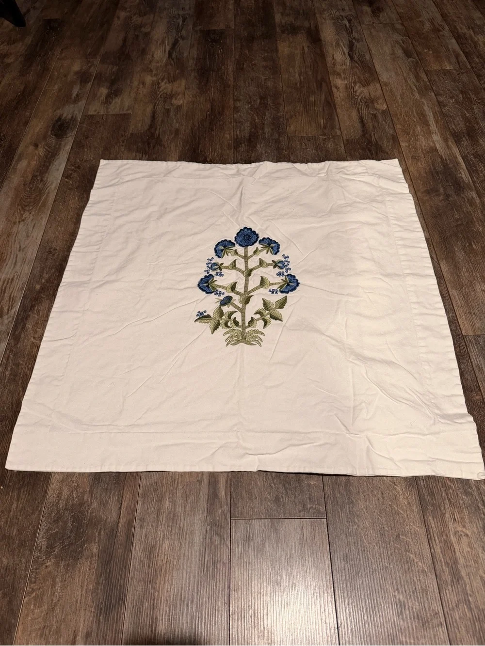 Pottery Barn Cream Pillow Sham with Blue and Green Floral Embroidery